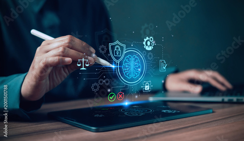 Billede på lærred AI governance hologram featuring justice scales, compliance documents, and valid