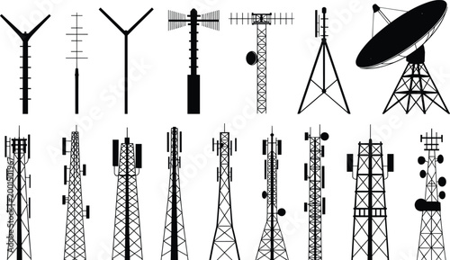 Telecommunication tower antenna set wireless network signal broadcast satellite radar communication vector infrastructure collection design pack