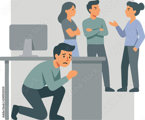 Illustration of a stressed employee hiding under a desk while coworkers gossip and judge in the office.