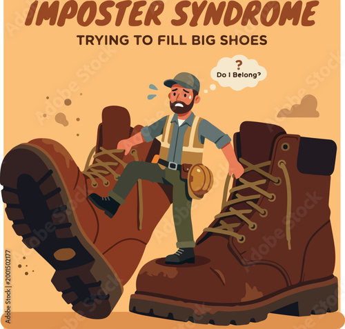 Illustration of a worker feeling imposter syndrome trying to fill big shoes.