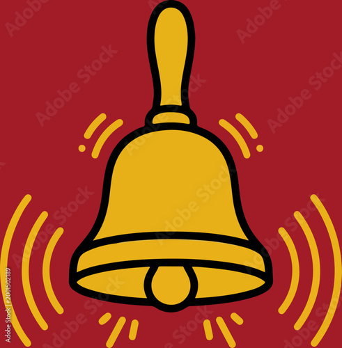 Illustration of a ringing yellow hand bell with sound waves.