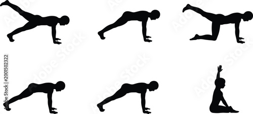 Woman workout silhouette exercise poses fitness training yoga stretching pilates strength healthy lifestyle vector collection set