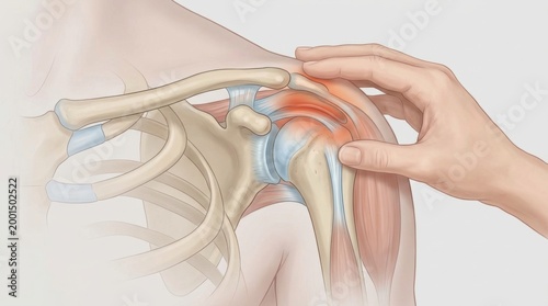 Close-up illustration of a painful shoulder joint with a hand touching the affected area