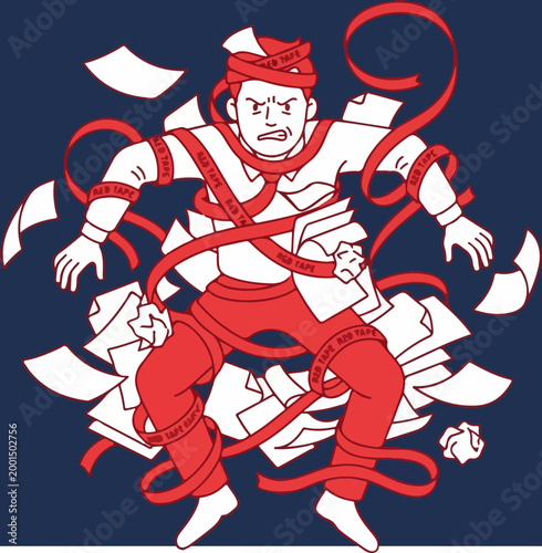 Stressed businessman overwhelmed by excessive paperwork and bureaucratic red tape.