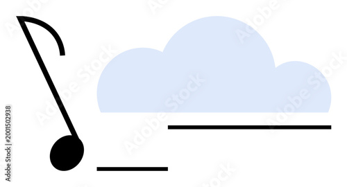 Music streaming, cloud storage, sound sharing, digital audio, technology, creative media. Musical note with abstract cloud graphic. s music streaming and cloud storage services