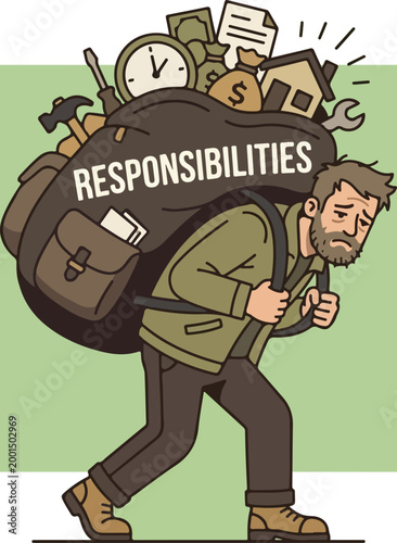 Stressed man carrying a heavy sack labeled responsibilities representing work life balance burden.