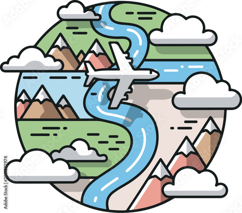 Flat 2D vector illustration of an airplane flying across an abstract circular landscape, featuring rivers, mountains, and clouds, soft pastel color palette