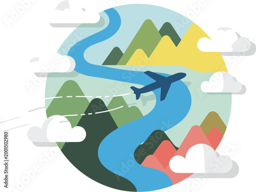 Flat 2D vector illustration of an airplane flying across an abstract circular landscape, featuring rivers, mountains, and clouds, soft pastel color palette