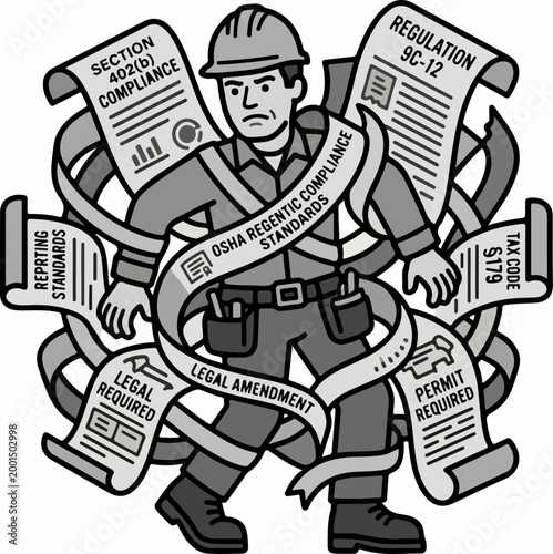 Stressed Construction Worker Tangled in Bureaucratic Paperwork and Regulatory Compliance.
