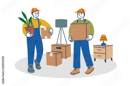 Moving day scene with movers carrying cardboard boxes, flat cartoon male characters helping with relocation. Furniture removal and delivery service vector illustration, isolated colored scene