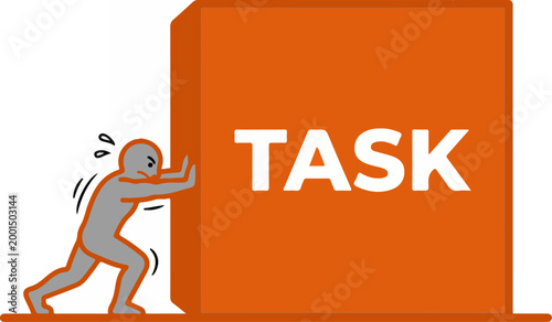 Stressed person pushing a heavy orange block labeled with the word task.