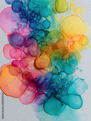 Vibrant abstract bubbles in rainbow alcohol ink on white background, colorful fluid art texture with modern design and copy space for creative projects.