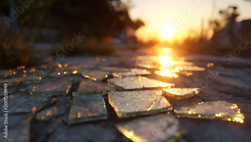 Sunlit shards of glass on rough ground, reflecting golden light