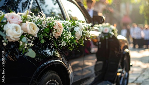 Black car in a wedding procession beautifully decorated with flowers