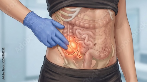 Doctor's gloved hand points to inflamed appendix during medical examination of abdomen