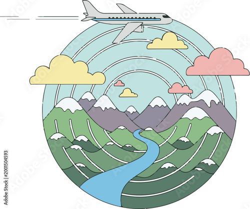 Flat 2D vector illustration of an airplane flying across an abstract circular landscape, featuring rivers, mountains