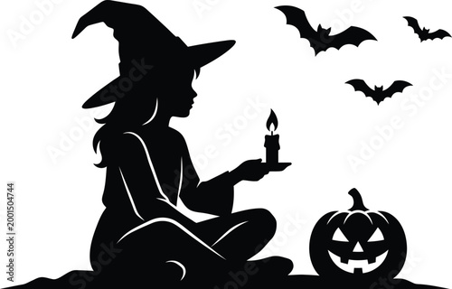Black silhouette of a witch sitting with a candle and jackolantern on white background with bats flying