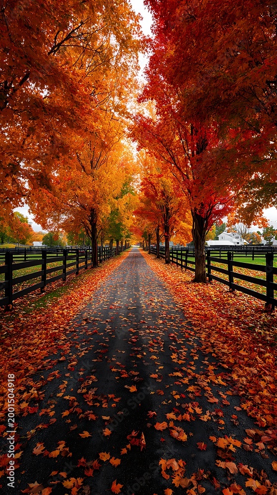 Obraz premium A picturesque road through vibrant autumn trees with fallen leaves
