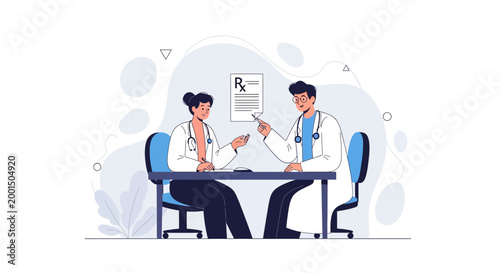 Doctors Discussing Prescription Rx Document at Desk in Modern Clinic