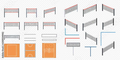Isometric and flat design elements for various sports, including nets, courts, and boundaries for games like volleyball, tennis, and badminton, on a transparent background.