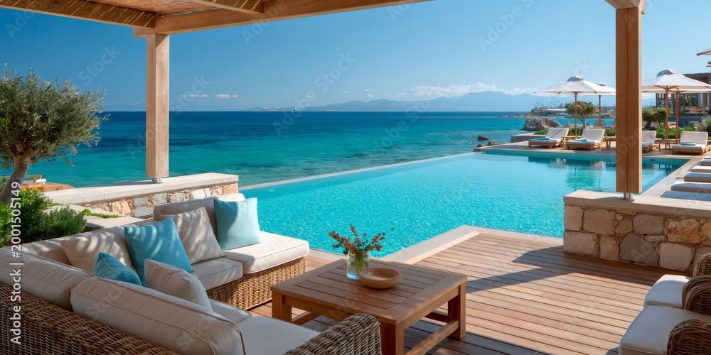Obraz premium Luxury resort terrace overlooking infinity pool and blue sea