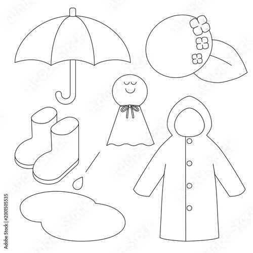 Kids Rainy Season Items Set Line Art