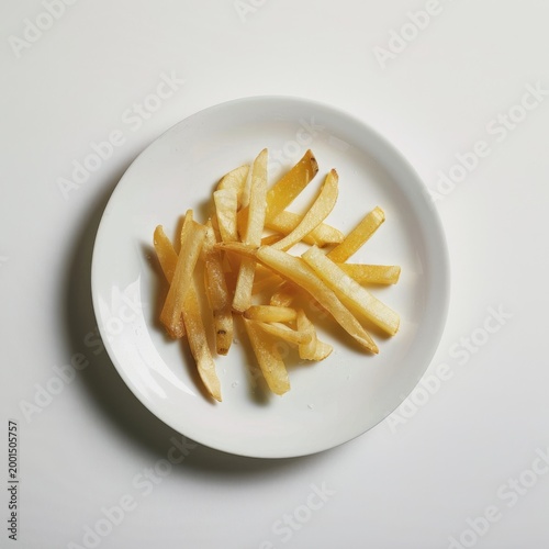 A portion of crispy golden french fries served on a clean minimalist white ceramic plate against a neutral background for a simple and delicious culinary concept