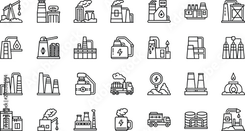 Oil Industry Production and Refinement Icons - Oil Rigs, Gas Stations, Refineries, and Transport Vehicles