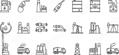 Oil and Gas Industry Equipment Icons - Gas Stations, Oil Tanks, Drilling Rigs, and Fuel Transport