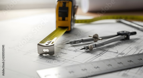 Architectural blueprints with drafting tools including a tape measure, ruler, and compass, representing precision and planning in design and construction projects