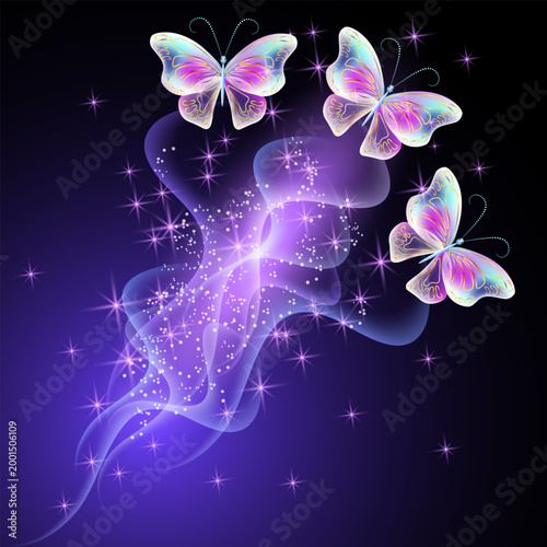 Butterflies in starry sky fireworks and sparkle stars. Fantasy vertical walpaper background with fireflies and mystical smoke.