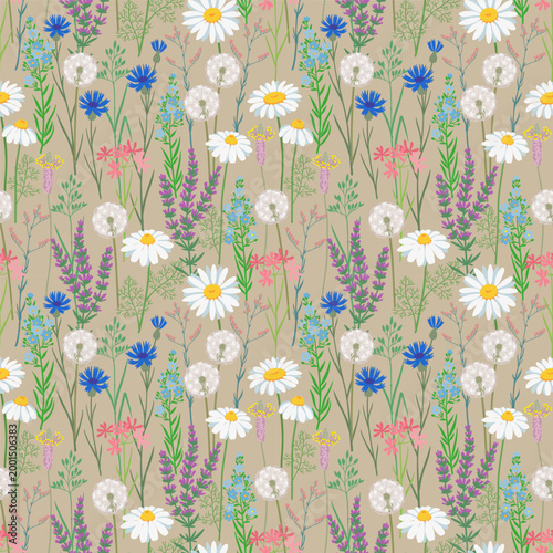 Seamless delicate wildflower meadow pattern on beige earthy background, soft botanical illustration with daisies dandelions herbs and field flowers for textile design