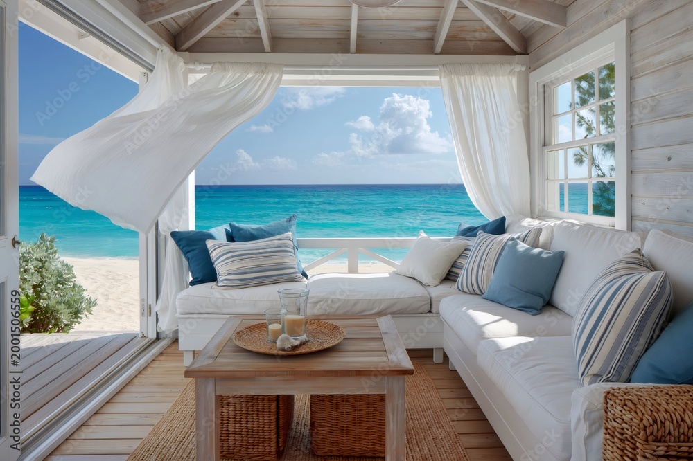 Fototapeta premium Coastal living room breeze blowing curtains over ocean view