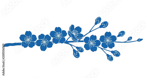 Blue cherry blossom branch with buds in a delicate line drawing style
