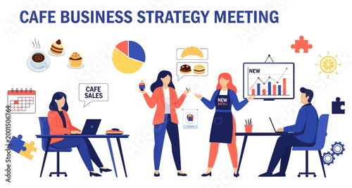 Business meeting for cafe strategy with people planning sales and growth charts