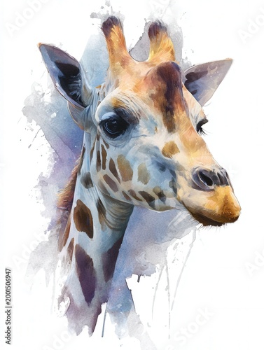 Watercolor giraffe portrait close up on white background with artistic paint splashes and copy space for posters, kids decor, cards, and creative design projects.