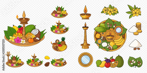 Vishu Kani set with traditional items including fruits, vegetables, flowers, and lamps for the auspicious festival.