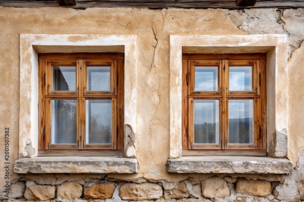 Fototapeta premium Rural house wall with old wooden windows