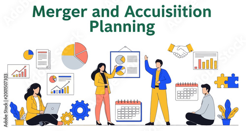 Business planning meeting with charts and data analysis for merger and acquisition strategy