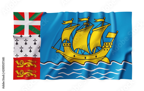Realistic Saint Pierre and Miquelon country flag isolated on a transparent background. Silk atlas detailed fabric flag. Vector PNG