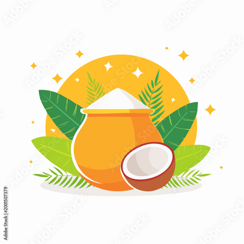 Traditional Pot with Coconut and Tropical Leaves