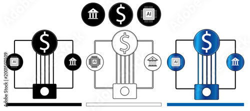 Fintech Ecosystem and AI Banking Network Icon Set: Integrated Financial System with Dollar, Bank, and AI Processor Symbols in 3 Styles