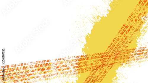 Foto Yellow and orange grunge tire track background set, dynamic off-road vector text