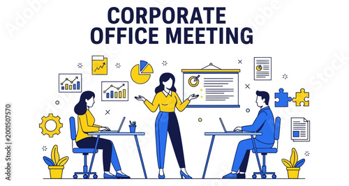 Business professionals in a corporate office meeting presenting data and charts during a team discussion