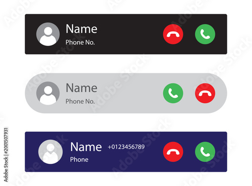 Bild auf Leinwand Incoming Call Screen Notification UI Set, Mobile Phone Call Popup Alert Bar with Accept and Decline Buttons in Dark, Light and Navy Vector for App Design