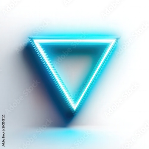 Glowing neon triangle on white background with blue light reflection and copy space, modern futuristic abstract design for technology branding and advertising.