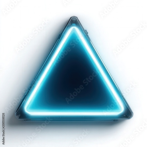 Glowing blue neon triangle on white background with futuristic light effect and empty space for modern technology branding or advertising design.