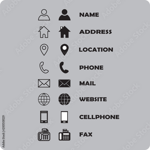 Set of business contact icons and communication symbols for name address location phone mail website cellphone and fax