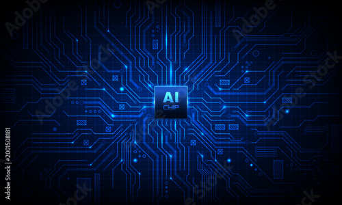 AI Chip and Circuit Board: An intricate depiction of an AI chip at the core of a sophisticated circuit board, highlighting the core of the digital age