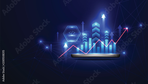 Digital Growth and Innovation: A vibrant illustration showcasing an upward trending graph intertwined with interconnected digital elements, symbolizing innovation and technological advancement.